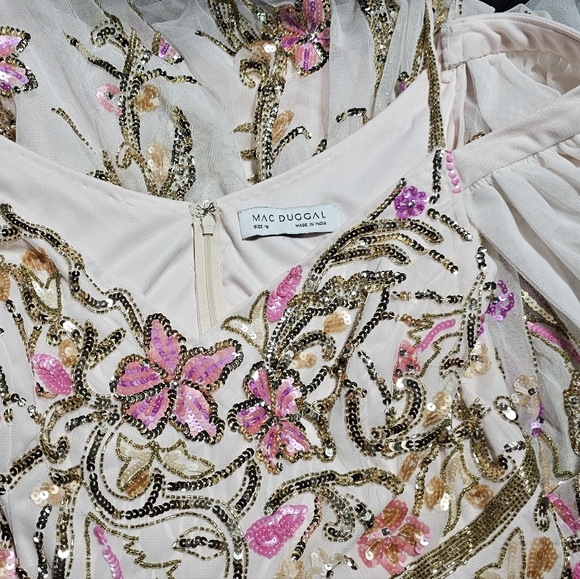 Mac Duggal V Neck Floral Embellished Gown with Flutter Sleeves - Picture 13 of 16